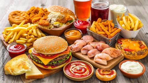 variety of fast food items including a cheeseburger, fries, fried chicken, sauces, cheese bread, and drinks on a wooden surface