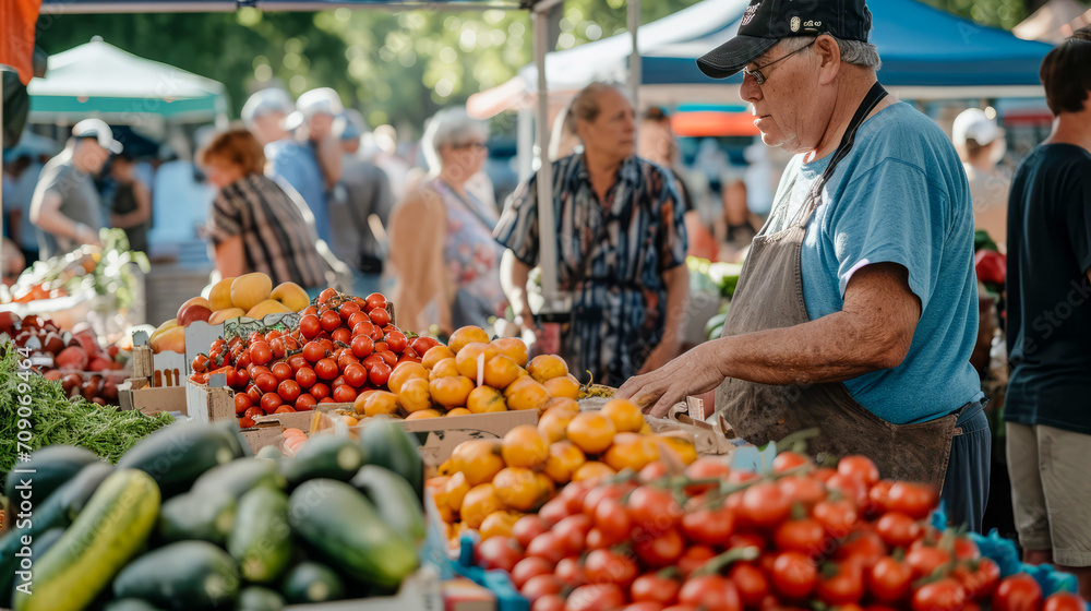 Immerse in a morning ambiance at a bustling market filled with fresh farm produce, vegetables, and fruits
