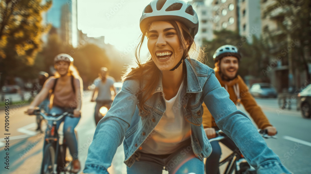Fototapeta premium Young riders cycling through a colorful urban district, their laughter and cheerful chatter adding to the vibrant atmosphere