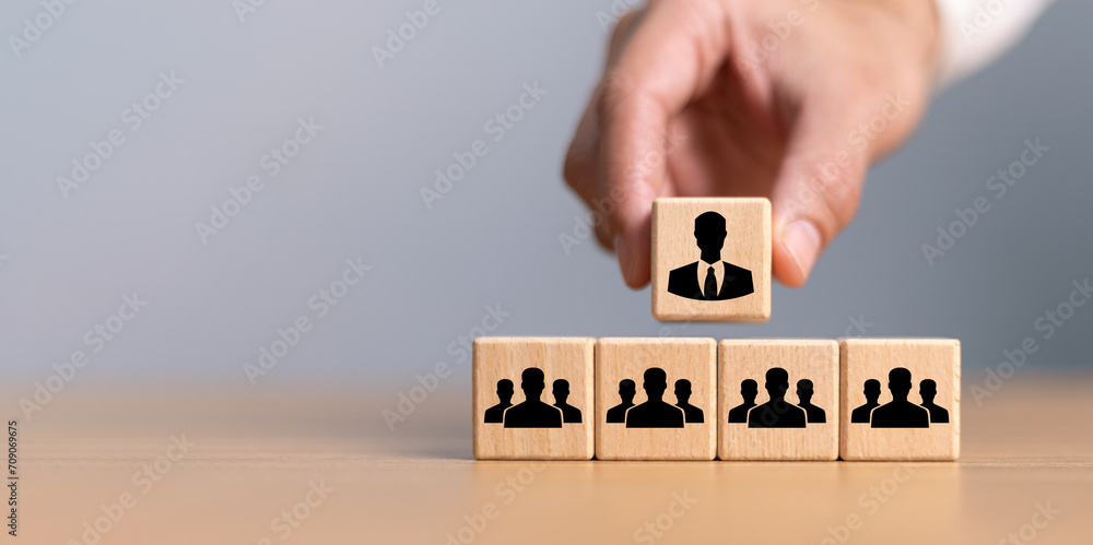 Organization and team structure symbolized with cubes, leadership manager team of company, business organizational hierarchy job concept, president job change control
