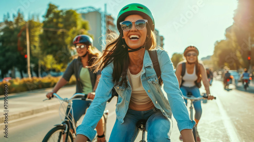 young people biking through a quaint village, their laughter blending with the rustic charm of the surroundings