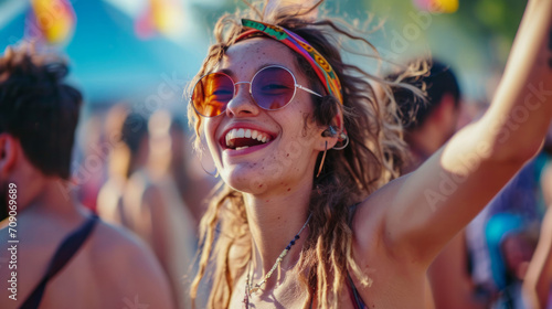 A young woman dancing freely under the open sky at a festival, her delight and vitality reflecting the essence of music and joy.