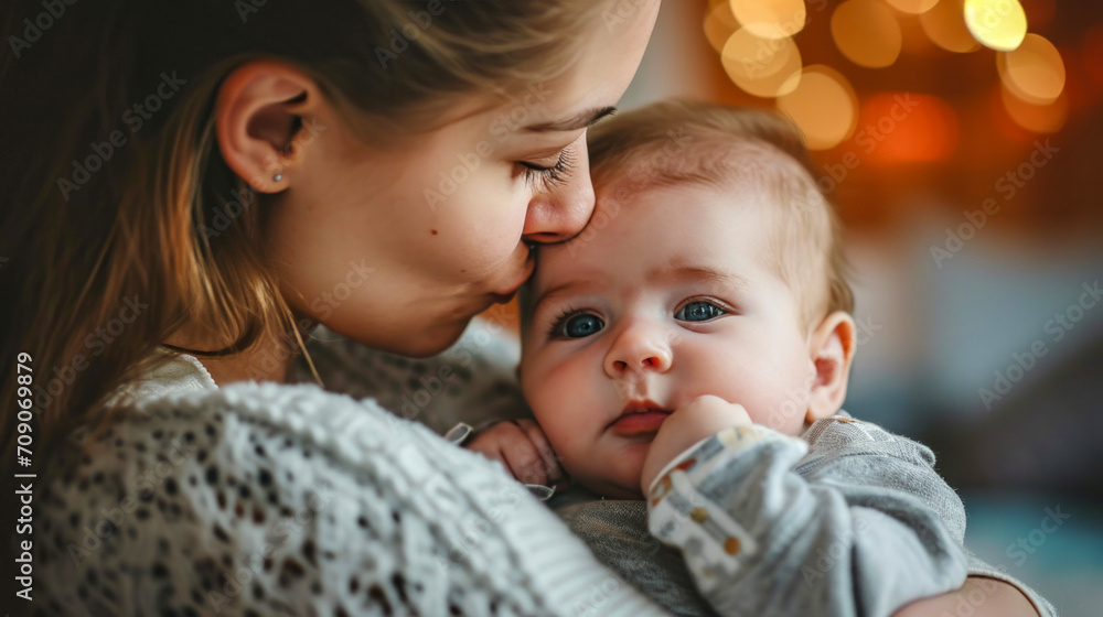 A mother holding her child, both smiling, in a moment of joy and pure love, symbolizing maternal bliss A mother holding her child, both smiling, in a moment of joy and pure love, symbolizing maternal bliss