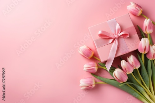 Pink gift present box with tulips on a pink background for birthday, valentine's day or wedding anniversary with copy space for text © Sunny
