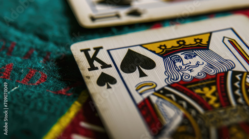 A close-up of playing cards on a table, featuring the King of Spades.