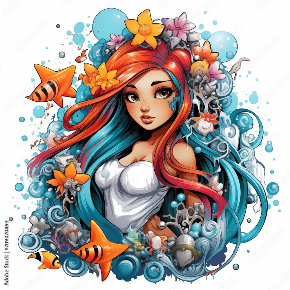 illustration kawaii mermaid with blue orang starfish illustration kawaii mermaid with blue orang starfish