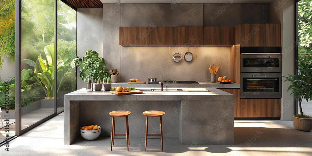 A modern and minimalistic kitchen with bluish gray walls A modern and minimalistic kitchen with bluish gray walls