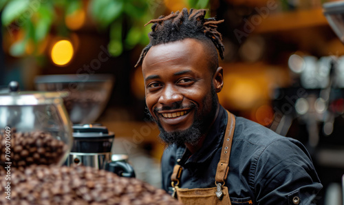 Handsome Black African Barista with Short Hair and Beard Wearing Apron is Smiling in Coffee Shop Restaurant.