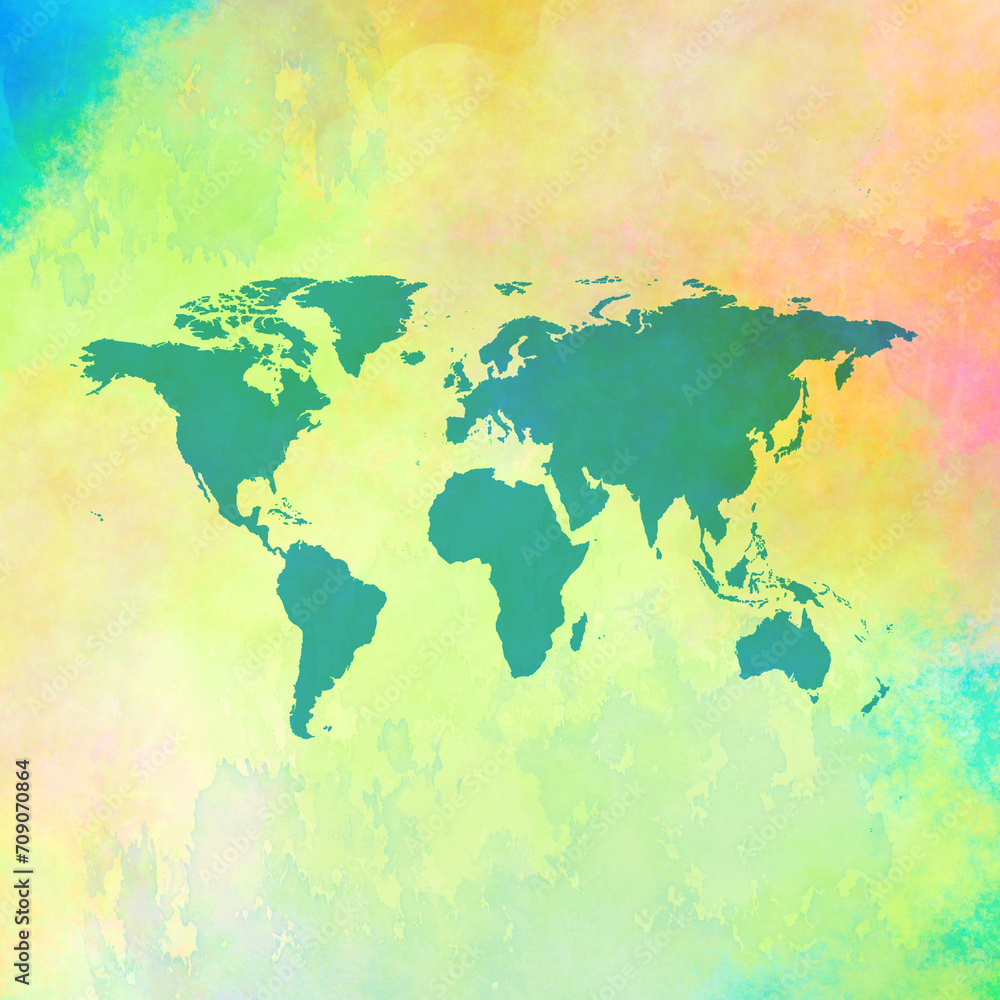 Colorful watercolor poster with world map on green tones. 
