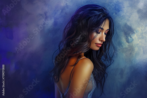 captivating woman in a figure-hugging evening gown  her hair cascading down her back