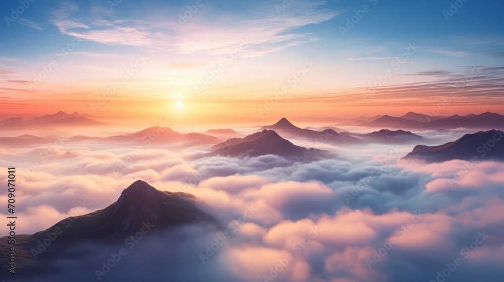 Panoramic aerial mountain peak at sunset above the clouds landscape. Generate AI image