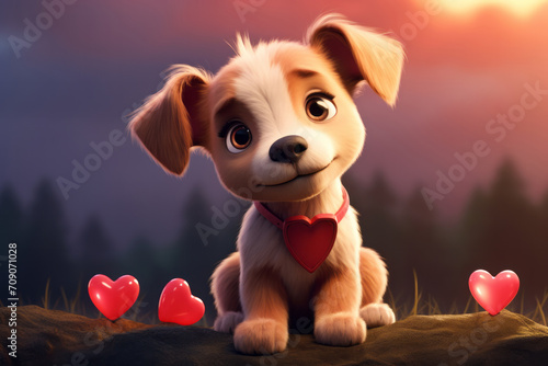Close up cartoon puppy dog holding red heart celebrating love Valentine's Day