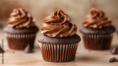 Cupcakes with chocolate buttercream frosting on a beige background