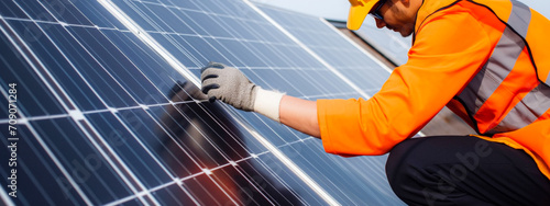 Blurred View of solar energy worker installing solar panels on a photovoltaic power plant photo