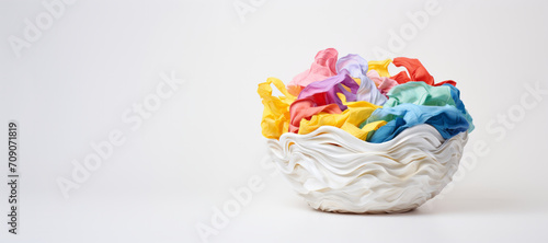 Trash basket with colorful crumpled paper inside with copy space on white background, banner