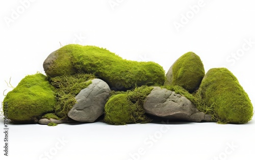 Isolated on a white background, there is a combination of green moss and rocks that also exhibits a distinctive texture.