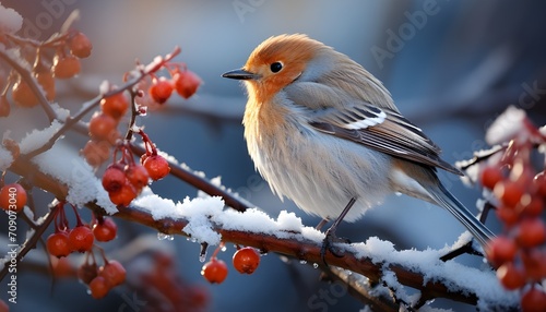 robin on branch. robin in snow. robin perched on a snowy branch. bird on snowy branch during winter time. winter landscape. bird on snow. colourful bird sitting on a branch. snowy branch. cold weather