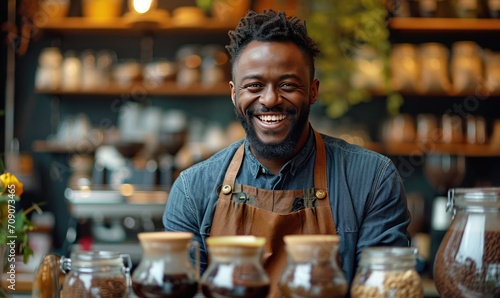 Handsome Black African Barista with Short Hair and Beard Wearing Apron is Smiling in Coffee Shop Restaurant. photo