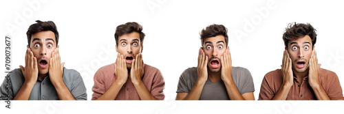 Set of Surprised man hands on face, face shot, isolated on a transparent background 