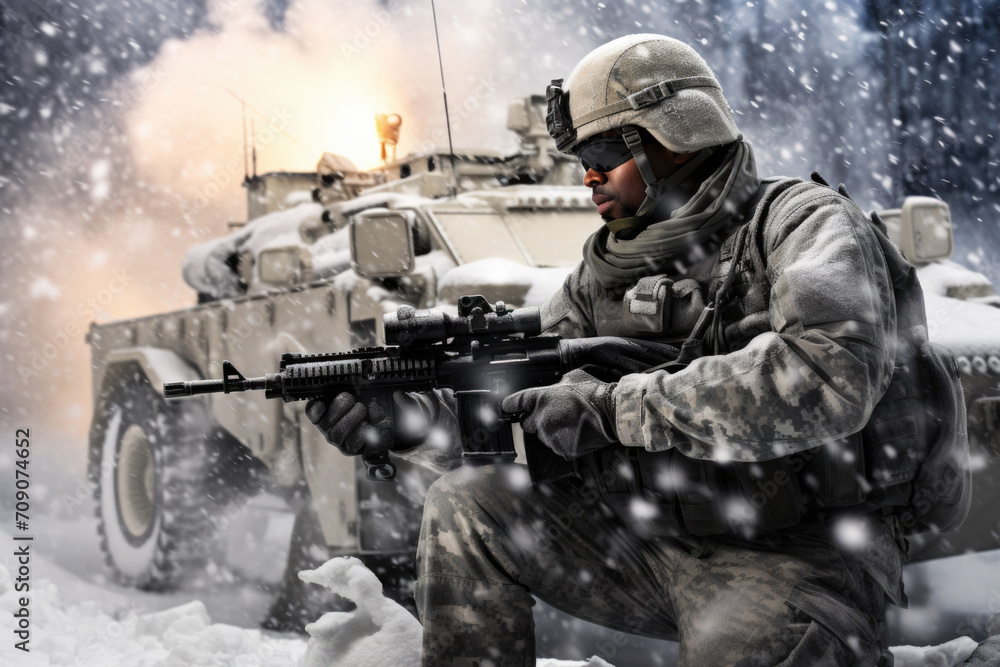 infantry soldier in uniform walking over snow covered landscape, Military conflict or war concept infantry soldier in uniform walking over snow covered landscape, Military conflict or war concept