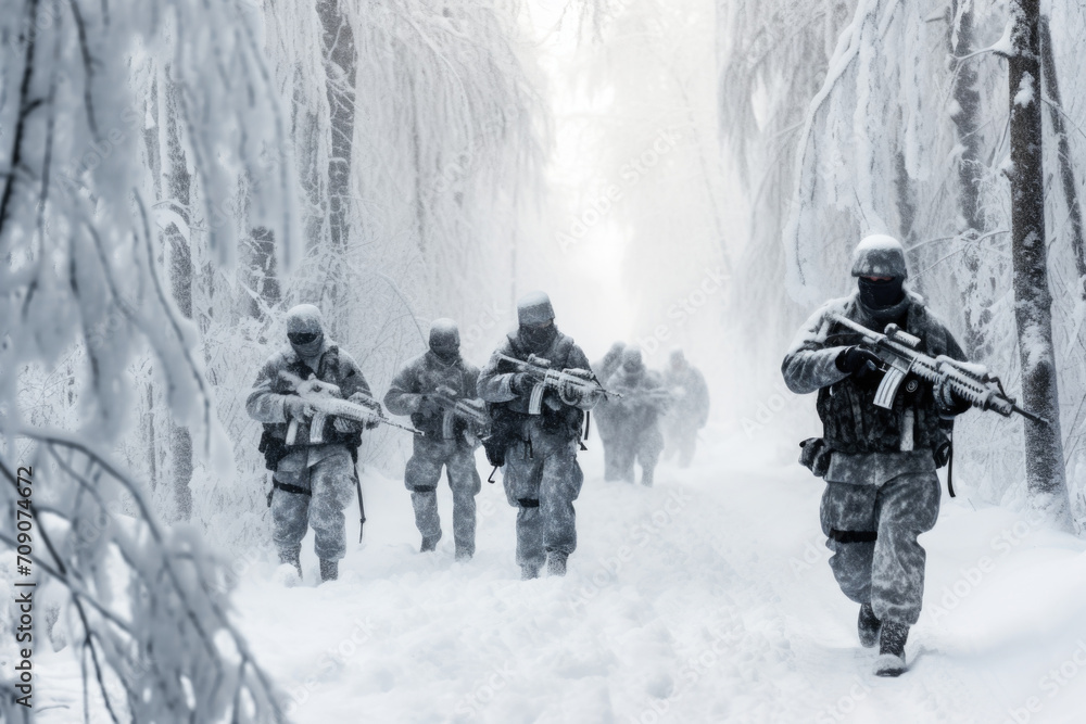 Group of infantry soldiers in uniforms walking over snow covered landscape, Military conflict or war concept Group of infantry soldiers in uniforms walking over snow covered landscape, Military conflict or war concept