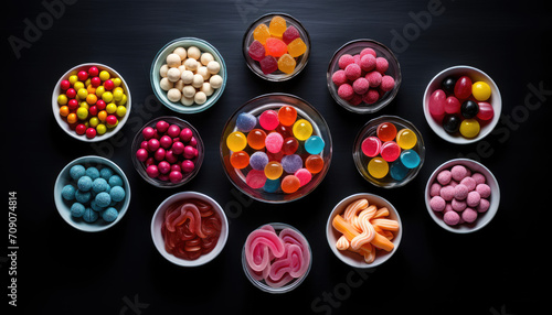 Colourful candies on modern kitchen table from above