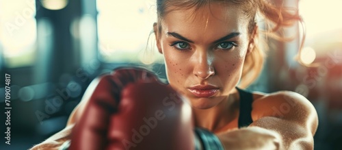 Woman practicing punches at health club.