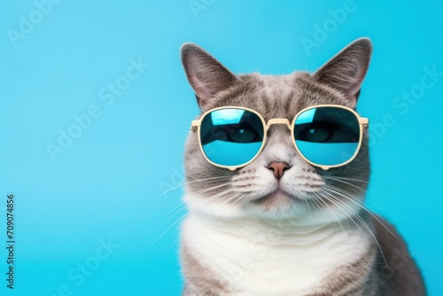 Cat wearing sunglasses on blue background half body summer vacation © Muh
