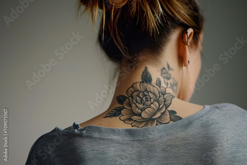 close-up of a woman back with a tattoo photo