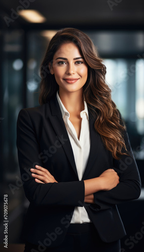 Portrait of a beautiful smiling business woman in an official suit standing in her modern office