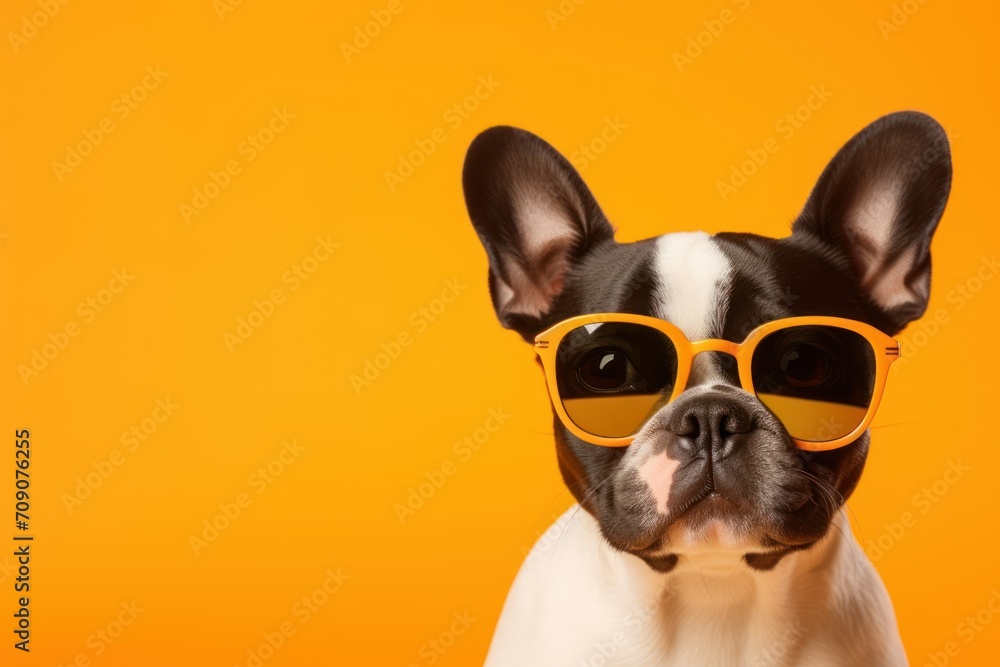 puppy wearing sunglasses on orange background half body summer vacation puppy wearing sunglasses on orange background half body summer vacation