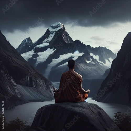 Great Buddha Monk meditating in front of Big Dark massive mountain Monestery Kailash alps himalayas yogi Monk Dhyaan mudra cinematic scene Tibet Niravana Enlightenment Focus motivation inspiration
