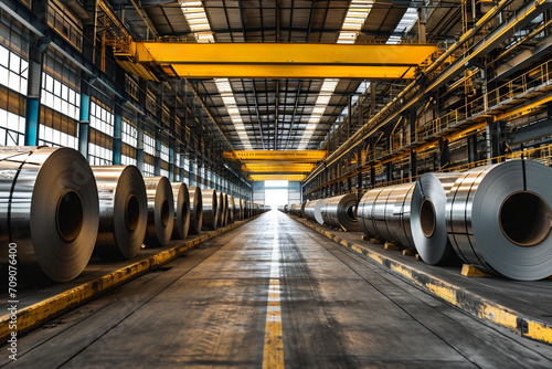 Industrial Warehouse with Neatly Stacked Steel Coils and Overhead Crane, Manufacturing Precision photo