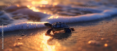 Tiny turtle moves to sea. photo
