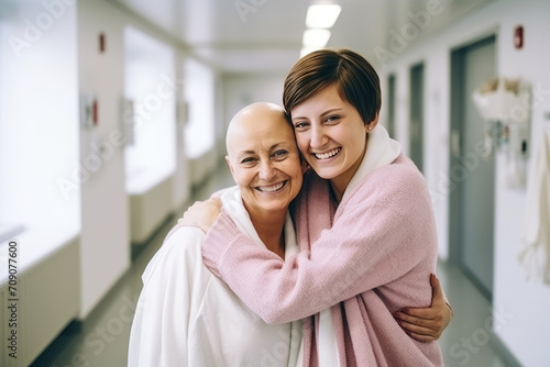 woman hugging other woman friend with cancer in hospital