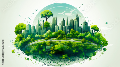 illustration a futuristic cityscape with an abundance of greenery symbolizing a utopian vision of sustainable cities with modern skyscrapers, wind turbines. Ecosystem. Environmental preservation #709078070
