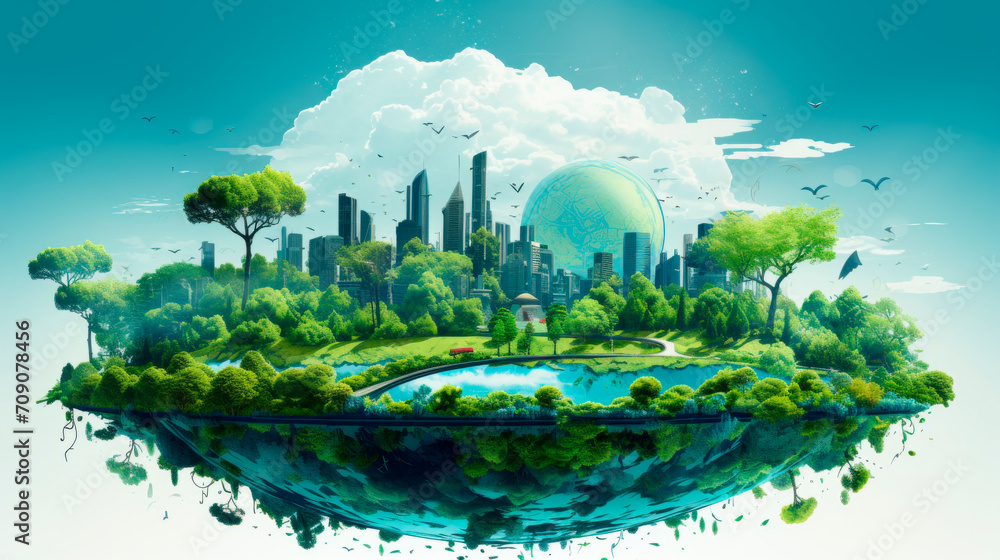 illustration a futuristic cityscape with an abundance of greenery symbolizing a utopian vision of sustainable cities with modern skyscrapers, wind turbines. Ecosystem. Environmental preservation