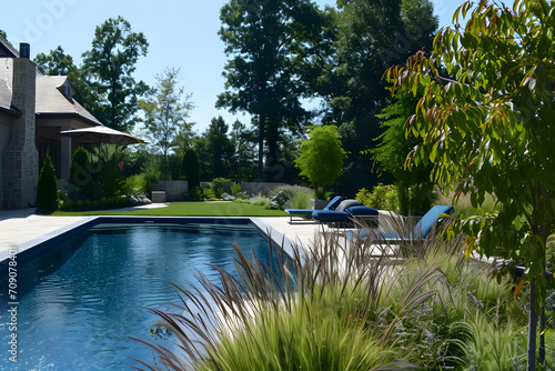 Gartenparadies mit Pool: Ein luxuriöser Außenbereich vereint prächtige Gartenlandschaft und erfrischenden Swimmingpool für ultimative Entspannung im Grünen photo
