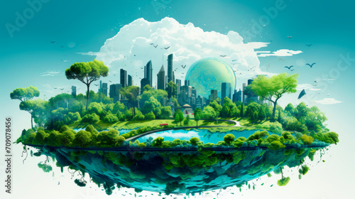 illustration a futuristic cityscape with an abundance of greenery symbolizing a utopian vision of sustainable cities with modern skyscrapers, wind turbines. Ecosystem. Environmental preservation