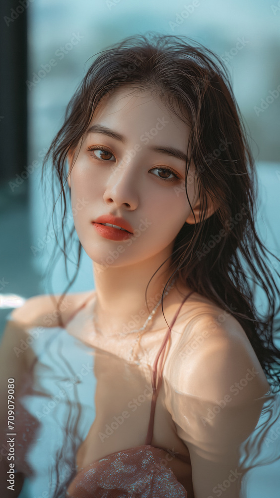 Portrait of beautiful Japanese women wearing swimwear with hotel background Portrait of beautiful Japanese women wearing swimwear with hotel background