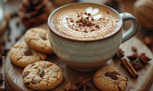 Chocolate chip cookies with cup of coffee on old wooden table. 