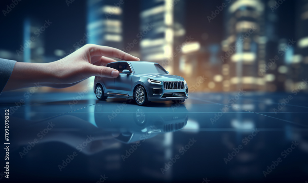 Human hand points to a car. Concept - car insurance, mechanical, leasing, purchase new and used cars - obrazy, fototapety, plakaty 