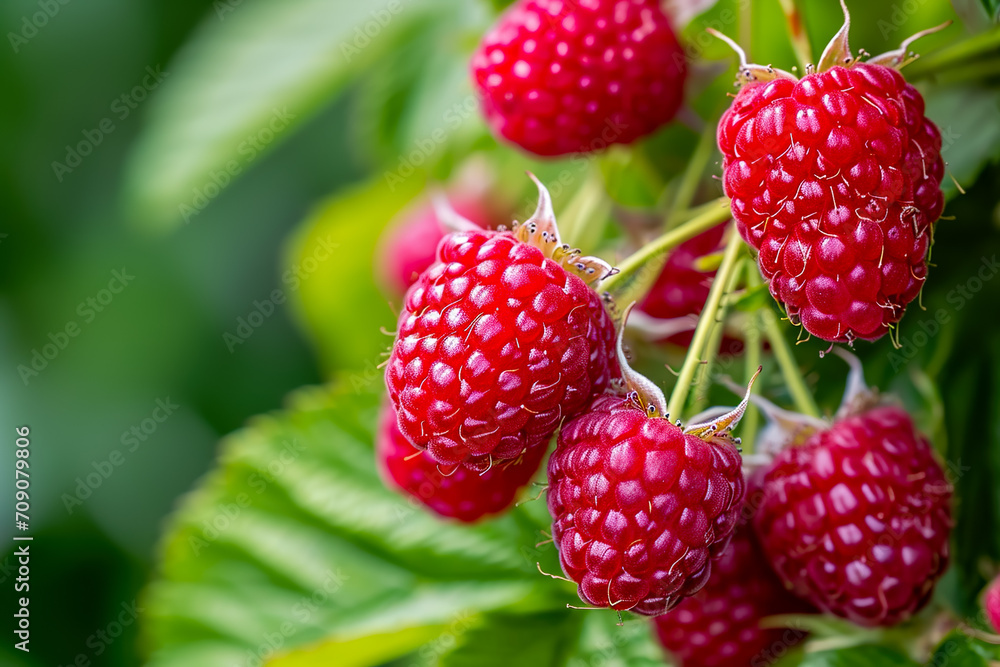 cluster of fresh raspberries, with a few still on the vine cluster of fresh raspberries, with a few still on the vine