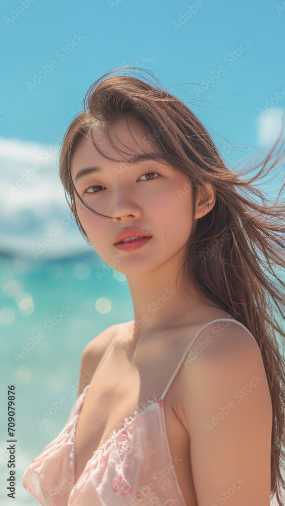 Portrait of beautiful Japanese women wearing swimwear with hotel background Portrait of beautiful Japanese women wearing swimwear with hotel background