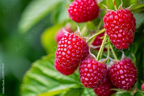 cluster of fresh raspberries, with a few still on the vine