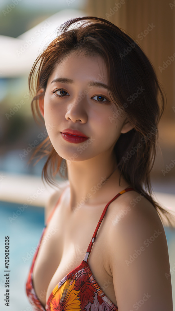 Portrait of beautiful Japanese women wearing swimwear with hotel background Portrait of beautiful Japanese women wearing swimwear with hotel background