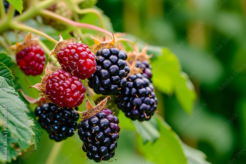 cluster of ripe blackberries, with a few still on the vine cluster of ripe blackberries, with a few still on the vine