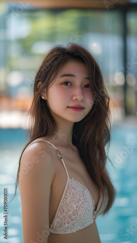 Portrait of beautiful Japanese women wearing swimwear with hotel background