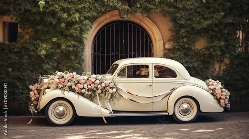 A vintage wedding car decorated with white ribbons and flowers, parked outside a chapel.