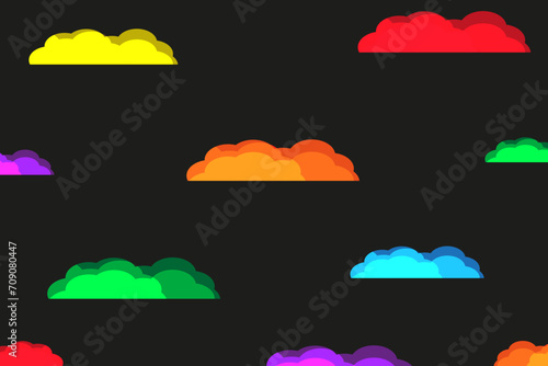 Rainbow clouds isolated black background. Colorful Summer clouds set. Vector illustration can used web and social media design. EPS 10 Pride Month rainbow